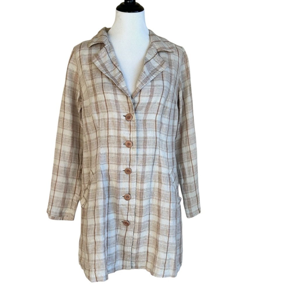 FLAX 100% linen tan plaid long jacket sz S